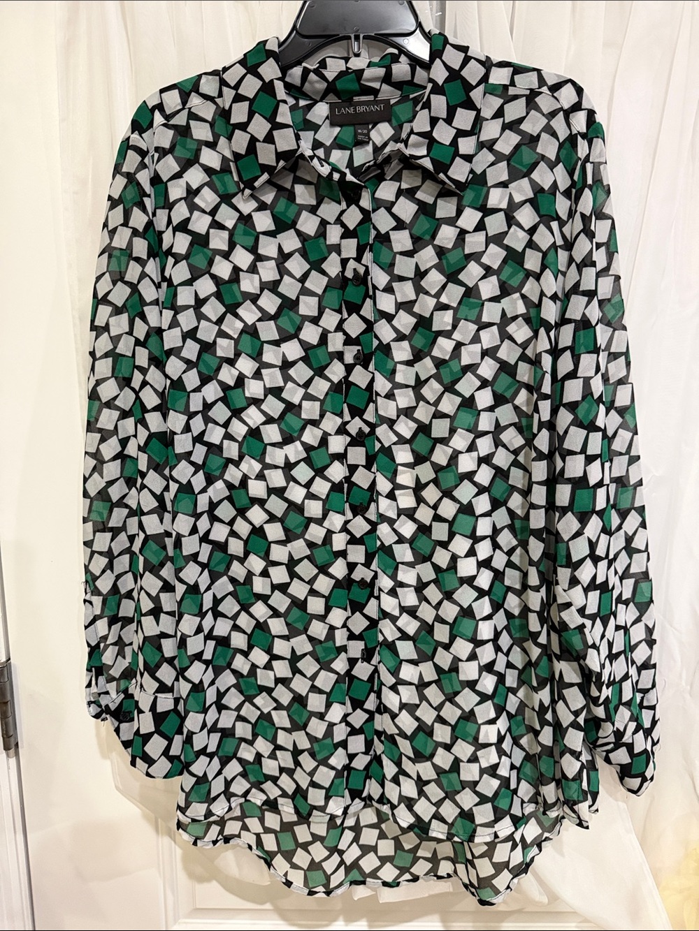 Lane Bryant Black White and Green Geometric Button-Down Shirt